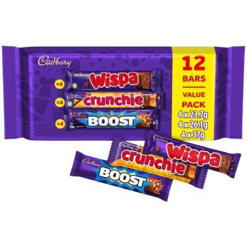 Cadbury Assorted Chocolate Bars Multipack - Pack of 12 - Includes: 4x 37g (Boost), 4x 26.1g (Crunchie), & 4x 23.7g (Wispa) - Perfect Snack Pack