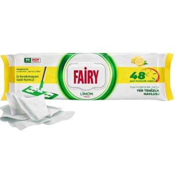Fairy Power Lemon Scented Floor Cleaning Towels – 50 Mop Compatible Disposable Wipes, Suitable for All Surfaces, Dermatologically Tested, Leaves No Traces