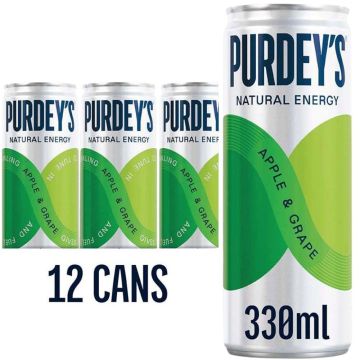 Purdey's Grape & Apple Sparkling Energy Drink Can - Pack of 12 x 330ml - Fruit Drink with Vitamins & Sweetener