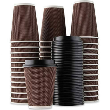 8oz VIP Brown Ripple Wall Paper Disposable Cups with Black Lid  - Pack of 100, Perfect for Hot & Cold Beverages
