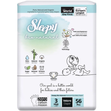Sleepy Bio Natural  Premium Plus Baby Diaper 56 Pcs , 3 Midi (4-9kg)
