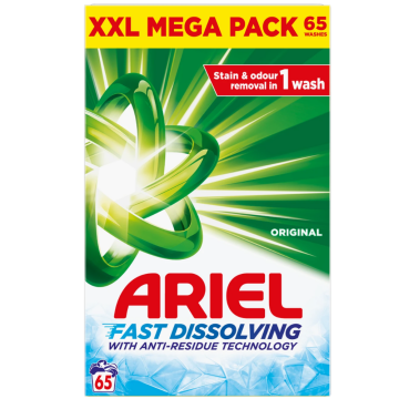 Ariel 65 Washes XXL Mega Pack – Fast-Dissolving Laundry Detergent with Anti-Residue & 1-Wash Stain and Odour Removal
