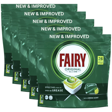 Fairy Original All-in-One Lemon Scent Dishwasher Capsules 130 Tablets (5 x 26 Pack) x 351g - Effective even on dried-on grease