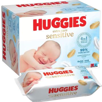 Huggies Pure Extra Care Baby Wipes 8x 56Wipes - Total 448 Fragrance Free Extra Care 4 in 1 Wet Wipes for Sensitive Skin