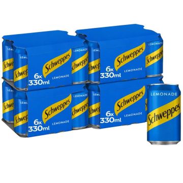 Schweppes Lemonade 330ml Cans - Pack of 24 (4x6pk) - Soft Drink with Sugar and Sweeteners Refreshing Lemon Flavor