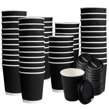 8oz Black Ripple Wall Paper Disposable Cups with Black Lid  - Pack of 100, Perfect for Hot & Cold Beverages
