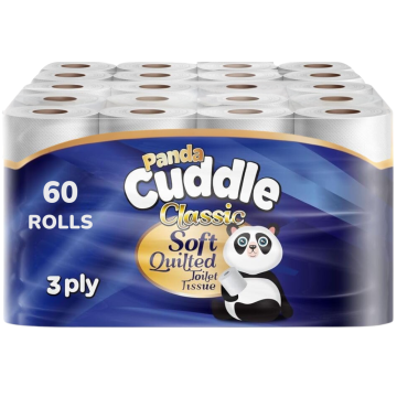 Panda Cuddle 3-Ply Toilet Tissue 60 Rolls Classic Soft Quilted   - 12 x 5 Rolls (Total 60 Rolls) Super Soft Luxuriously Quilted