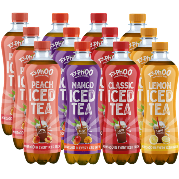 Typhoo Mix Iced Tea Bottle 500ml - Pack of 12 - Included Flavours: 3x Peach, 3x Mango, 3x Classic & 3x Lemon