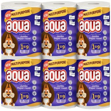 Aqua 2 Ply Multi-Purpose Jumbo Paper Towel - Pack of 6 Rolls (1 Mega Roll = 9 Standard Rolls), 85m Approx. - Strong & Super Absorbent