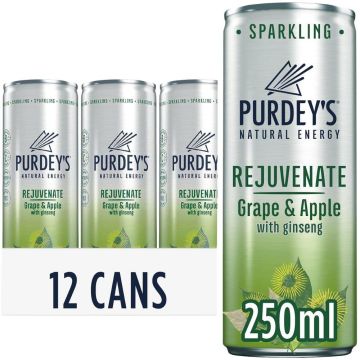Purdey's Rejuvenate Grape & Apple Energy Drink With Ginseng Can - Pack of 12 x 250ml - Carbonated Multivitamin Fruit Drink with Sweetener