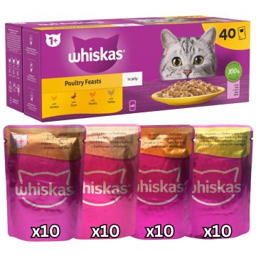 Whiskas Poultry Feasts in Jelly 1+ Adult Cat Food 85g x 40 (Flavours: 10x Chicken, 10x Duck, 10x Poultry, 10x Turkey)