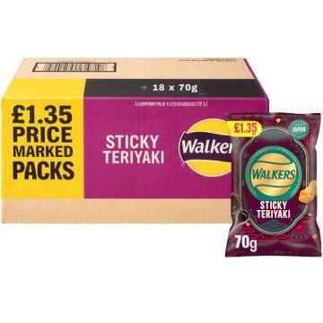 Walkers Sticky Teriyaki Flavored Potato Chips PMP - Pack of 18 x 70g - Crispy Savoury Snack Box, Best Before: 10/01/2026