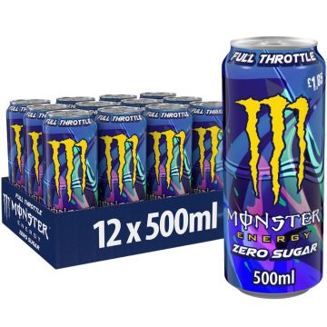 Monster Full Throttle Zero Sugar Energy Drink PMP – Pack of 12 × 500ml Cans - Sugar-Free Energy Boost