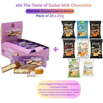 Elit Dubai Milk Chocolate with Coconut Cream & Kadayif - Pack of 24 x 30g + FREE Vegeat’s 8-Flavour Chickpea & Lentil Chip 50g Each (Sea Salt, Barbecue, Cheddar, Paprika, Sour Cream & Onion, Salt & Vinegar, Chilli & Lemon, Vegetables)