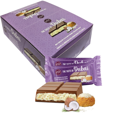 Elit Dubai Milk Chocolate Filled with Coconut Cream & Kadayif 90g - Pack of 12 Bars