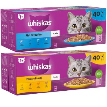 Whiskas Bundle Poultry & Fish Feasts in Jelly 80 x85g 1+ Adult Cat Food - Poultry 40x 85g and Fish 40x 85g