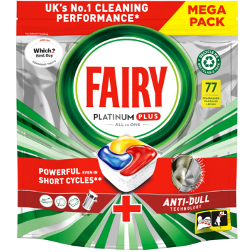 Fairy Platinum Plus All-in-One Lemon Dishwasher Capsules – 77 Washes - Powerful Clean Even in Short Cycles + Anti-Dull Technology