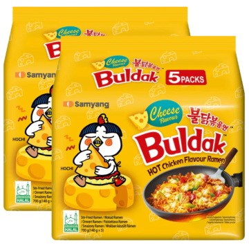 Samyang Buldak Cheese Flavour Hot Chicken Flavour Ramen - Pack of 10 (2 x 5pk) x 140g - Stir-Fried Ramen, Halal