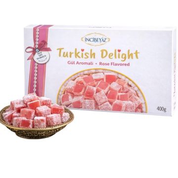 Incibeyaz Rose Flavored Turkish Delight 400g - Made With Beet Sugar - Halal & Gluten Free