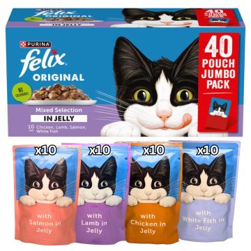 Purina Felix Original Mixed Selection In Jelly Adult Cat Food  40 x 85g (Flavours: 10x White Fish, 10x Chicken, 10x Lamb, 10x Salmon)