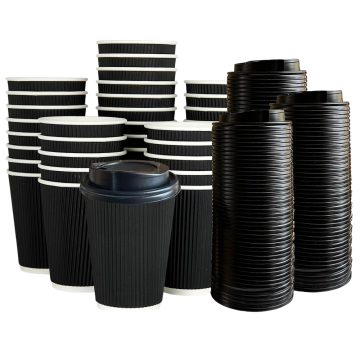 12oz Black Ripple Wall Paper Disposable Cups with Black Lid  - Pack of 100, Perfect for Hot & Cold Beverages