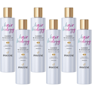 Pantene Pro-V Hair Biology Cleanse & Reconstruct Shampoo Pack of 6 x 250ml, With Rose Water & Micellar , For Greasy Roots & Damaged Lengths