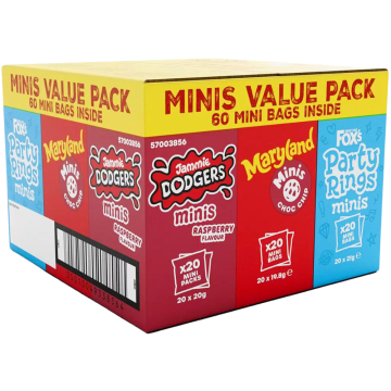Mini Biscuits Assorted Pack – 60 Mini Bags - Includes: Jammie Dodgers Minis Raspberry (20 x 20g), Maryland Minis Choc Chip (20 x 19.8g) & Fox’s Party Rings Minis (20 x 21g)