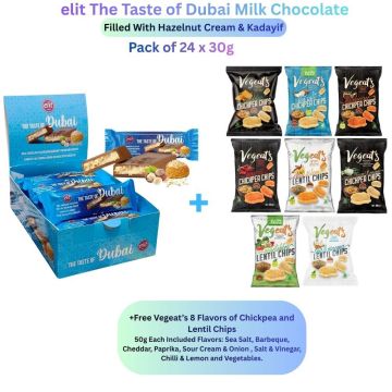 Elit Dubai Milk Chocolate with Hazelnut Cream & Kadayif - Pack of 24 x 30g + FREE Vegeat’s 8-Flavour Chickpea & Lentil Chip 50g Each (Sea Salt, Barbecue, Cheddar, Paprika, Sour Cream & Onion, Salt & Vinegar, Chilli & Lemon, Vegetables)