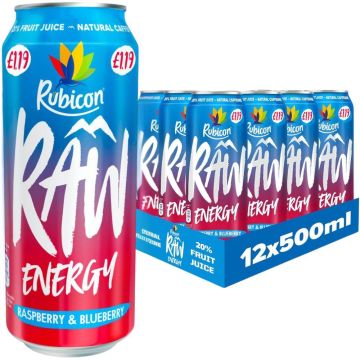 Rubicon Raw Energy Raspberry & Blueberry Drink in PMP Cans - Pack of 12 x 500ml - Carbonated Mixed Fruit Juice & Flavor Energy Drink