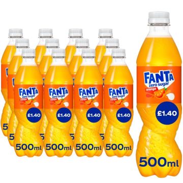 Fanta Orange Zero Sugar PMP Bottles - Pack of 12 x 500ml, Best Before: 31/01/2026