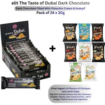Elit Dubai Dark Chocolate with Pistachio Cream & Kadayif - Pack of 24 x 30g + FREE Vegeat’s 8-Flavour Chickpea & Lentil Chip 50g Each (Sea Salt, Barbecue, Cheddar, Paprika, Sour Cream & Onion, Salt & Vinegar, Chilli & Lemon, Vegetables)
