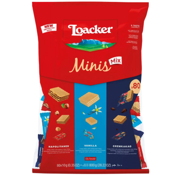 Loacker Minis Mix Crispy Wafers – Pack of 80 x 10g - Assorted Flavours: Hazelnut, Vanilla & Cocoa-Chocolate Cream Fillings