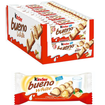 Kinder Bueno White Wafer Twin Bars - Pack of 60 (T2 x 30 Twin Bars) x 39g - Milk Chocolate Covered Wafer with Milky and Hazelnut Filling