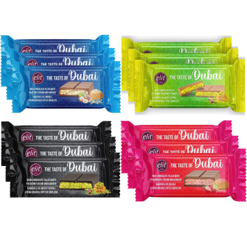 Elit Dubai Chocolate Crispy Mix 90g x 12 Available Flavours: (3 Each) Dark, Strawberry Cream, Hazelnut and Pistachio