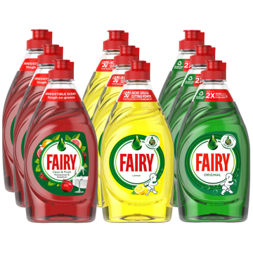Fairy Washing Up Liquid Mixed Selection 320ml x 9 - (3 Each) Lemon, Original, Pomegranate & Grapefruit