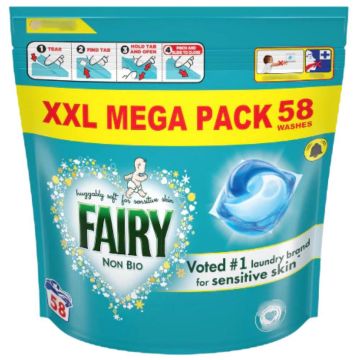 Fairy Non-Bio PODS XXL Mega Pack – 58 Wash Laundry Capsules, Gentle for Sensitive Skin