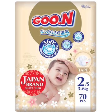 GOO.N Japan Brand Breathable Nappies Tape Style 70pcs Size 2 (3-6kg) Super Absorbent Cotton-Like Soft Materials