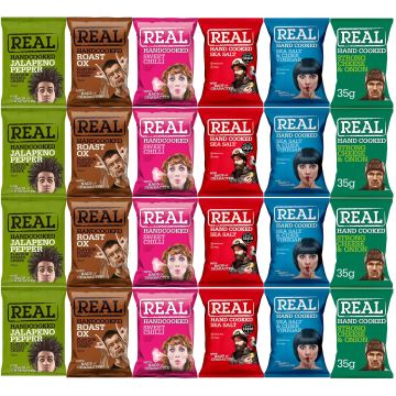 Real Crips 24x35g Pack Mix: 4x Jalapeno, 4x Roast Ox, 4x Sweet Chilli, 4x Sea Salt, 4x Vinegar, 4x Cheese & Onion 