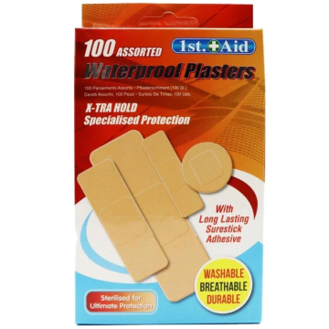 1st.+Aid 100 Assorted Waterproof Plasters – X-TRA Hold Adhesive – Washable, Breathable & Durable