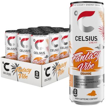 CELSIUS Fantasy Vibe Orange Flavor Zero Sugar Sparkling Energy Drink PMP- Pack of 12 x 355ml Can - Caffeine, Vitamins & Minerals