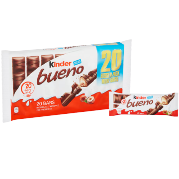 Kinder Bueno Milk & Hazelnuts Bars - Pack of 20 (10x2) x 43g - Smooth Milky & Hazelnut Filling in Crispy Wafer Covered with Milk Chocolate
