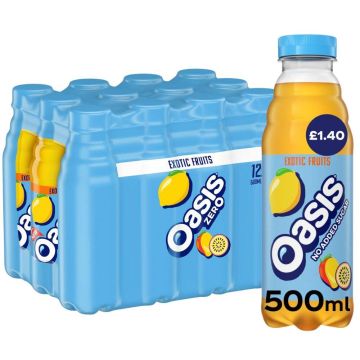 Oasis Zero Exotic Fruits PMP - Pack of 12 x 500ml - Best Before: 30/04/2026