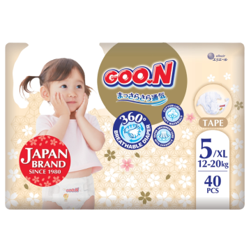 GOO.N Japan Brand Breathable Nappies Tape Style 40pcs Size 5 (12-20kg) Super Absorbent Cotton-Like Soft Materials