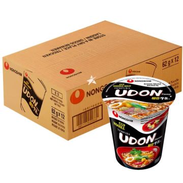 Nongshim Tempura Udon Flavour Cup Noodles 62g x 12 Cups - Warm, Savoury Instant Noodles