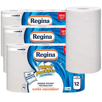 Regina Thirst Pocket Kitchen Roll 2 Ply 400 Bigger Sheets - Pack of 12 Rolls (3pk x 4Roll) -Super Absorbent