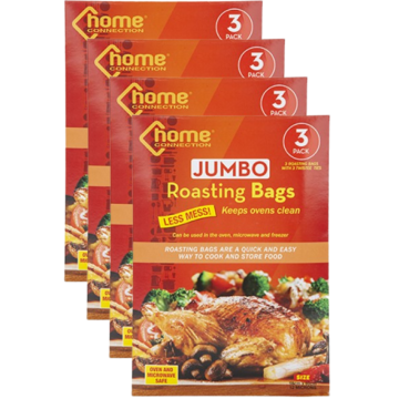 Jumbo Roasting Bags with Twistee Ties – Pack of 12 (4 x 3pk), Oven & Microwave Safe – 55cm x 60cm, 12 Microns Thick, Home Connection