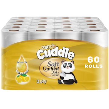 Panda Cuddle Lemon Zest Scented 3-Ply Soft Quilted Toilet Tissue - 60 Rolls (12 x 5 Rolls) Soft, Fresh & Luxurious Comfort