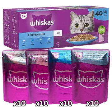 Whiskas Fish Favourites in Jelly 1+ Adult Cat food 85g x 40 (Flavours: Whitefish, Tuna, Salmon, Cod)