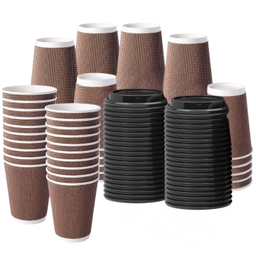12oz VIP Brown Ripple Wall Paper Disposable Cups with Black Lid  - Pack of 100, Perfect for Hot & Cold Beverages