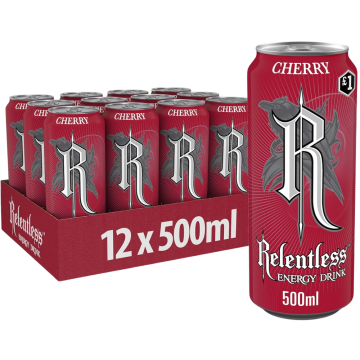 Relentless Cherry Energy Drink PMP - Pack of 12 x 500ml - Cherry Flavoured Energy Cans